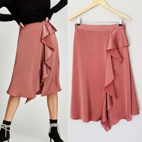 Zara Sateen Silk Satin Asymmetric Ruffle Midi Skirt Mauve Pink Size M Romantic - Picture 15 of 15